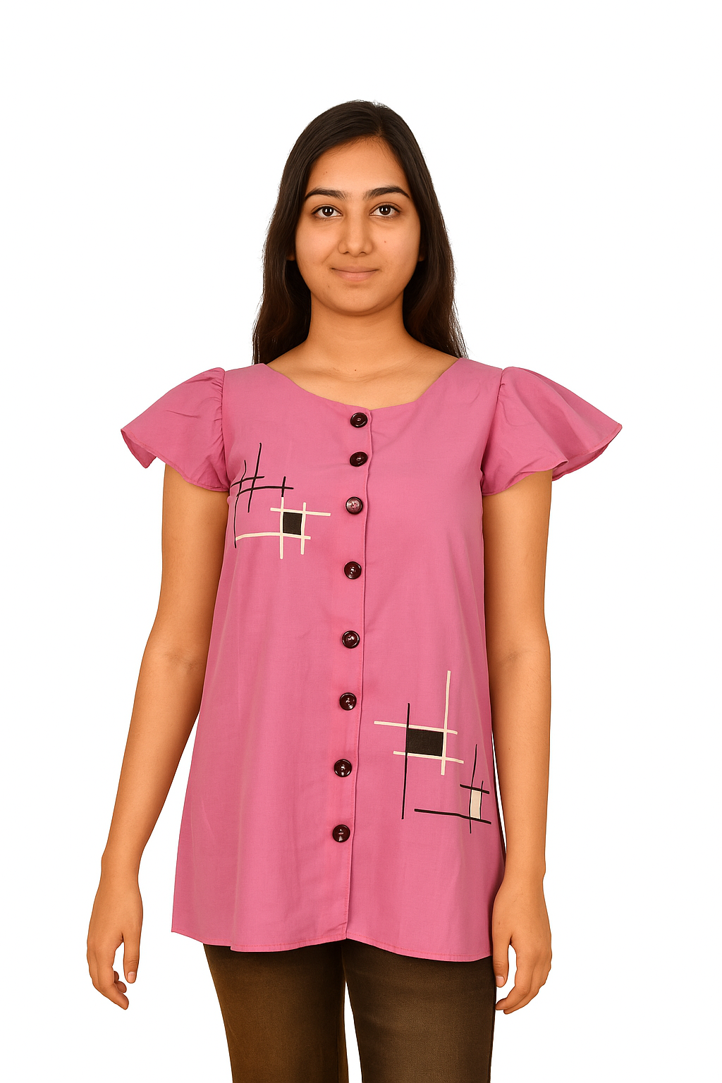 Light Magenta Pochampally Cotton Top with Hand-painted Geometric Design